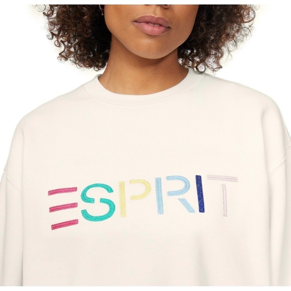 ESPRIT Logo Sweatshirt Women XS Cream Crewneck Relaxed Fit Cotton Blend NWT 80s